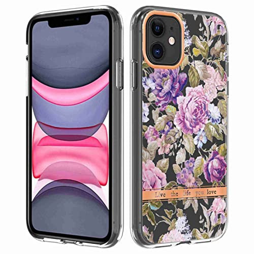 Knoowcase for iPhone 12 Case Shockproof Floral Flower TPU Silicone Case Slim Fit Soft Anti-scratch Protection Bumper Back Phone Case iPhone 12 for Girls Women, Purple Peony