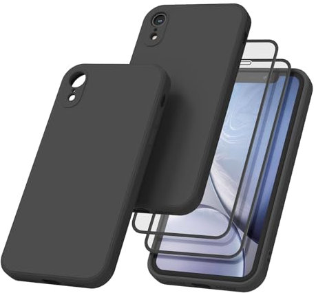 AK Coque pour iPhone XR Ultra Silicone et 2 × Verre trempé pour iPhone XR Film Protection écran, Étui de Protection Complète du Corps au Toucher Soyeux et Film Protection pour iPhone 11(Noir)