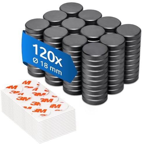 ECENCE Magnete für Magnettafel 120 Stück, Ferrit Magnet, Starke Haftmagnete für Kühlschrank, Whiteboard & Pinnwand, rund inkl. Klebepunkte, 18x4mm