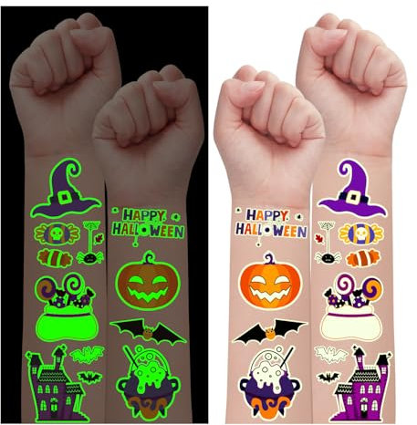 Leesgel Leuchtende Tattoo Kinder Halloween Deko, 300 Stile Halloween Skelett/Süßigkeit/Kürbis/Spinne Tattoo Aufkleber Halloween Geschenke Süßigkeiten Halloween Party Zubehör Geschenke Gastgeschenke