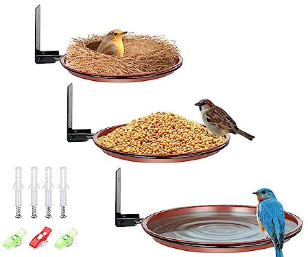 Hitopin 3 Pièces Mangeoire et Abreuvoir pour Oiseaux Sauvages à Suspendre - Pour Jardin, Extérieur (Brun)