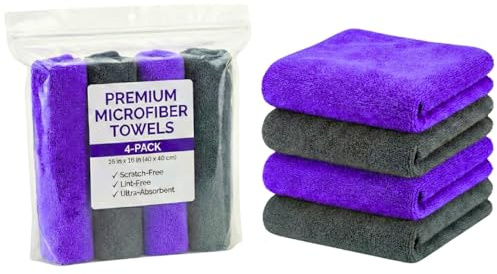 Paks - Edgeless Microfiber Towels 4-Pack - Car Detailing Wash Cloths for Cleaning - 16x16 Car Drying Towel - Lint Free Auto Rags for Polishing & Buffing - Purple & Grey Cleaning Supplies