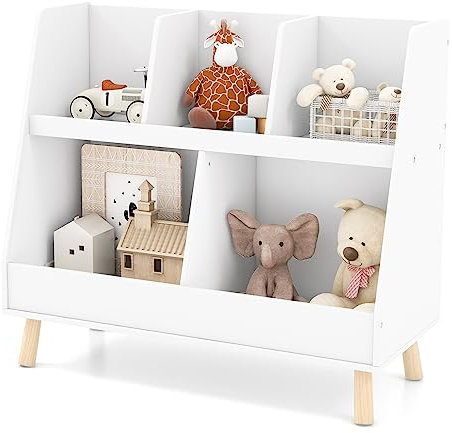GYMAX Kids Storage Organizer, Wooden Children Bookcase and Toy Storage with Anti-Tipping Kits & Solid Wood Legs, Kids Storage Shelf Unit for Playroom, Nursery and Bedroom (White)