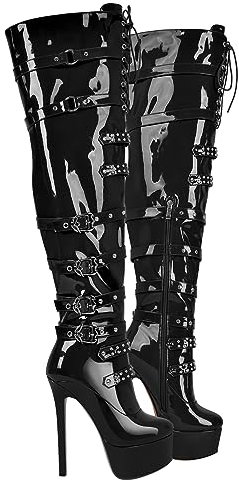 blingqueen Stivali da donna con tacco alto sopra il ginocchio, Nero laccato., 44 EU