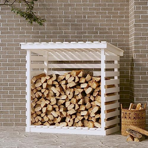 FIRBNUS Porte-bois blanc 108 x 73 x 108 cm en bois massif de pin, porte-bûches d'extérieur, porte-bois pour extérieur, porte-bois de chauffage, bois d'extérieur, meubles d'extérieur