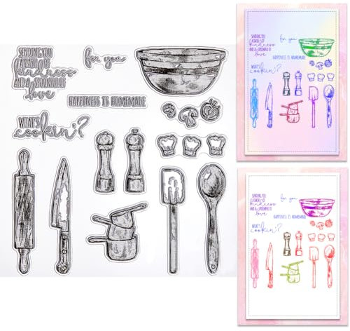 CRASPIRE Tableware Clear Stamps Rolling Pins Knives Spices Bowls Spoons Pots Ingredients Words Reusable Retro Transparent Silicone Stamp Seals for Journaling Card Making DIY Scrapbooking Photo Album