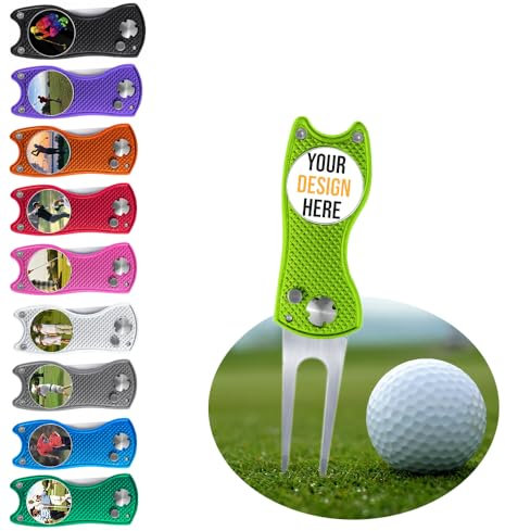 Custom Golf Pitchgabel Kits mit Ballmarkern, fügen Sie Ihr Foto/Logo/Text hinzu, personalisiertes, faltbares Pitchgabel mit Marker-Pop-Up-Knöpfen für Golfer