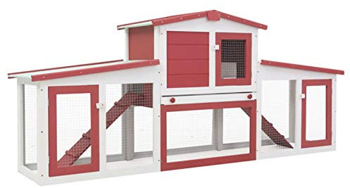 BAZZI Großer Outdoor Kaninchenstall, Hasenstall aus Holz in Rot und Weiß, Meerschweinchen Käfig, 204x45x85 cm, Freilaufgehege, Hasenhaus, Kleintierhaus, Hamsterkäfig, Kaninchengehege