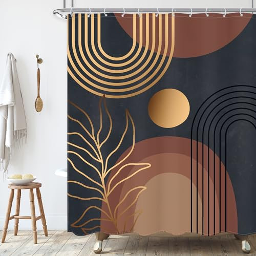 Ufeela Rideau de douche bohème moderne du milieu du siècle noir et doré, 152,4 x 183 cm (l x L), feuilles dorées abstraites, minimaliste, arche, soleil, géométrique, neutre pour salle de bain,