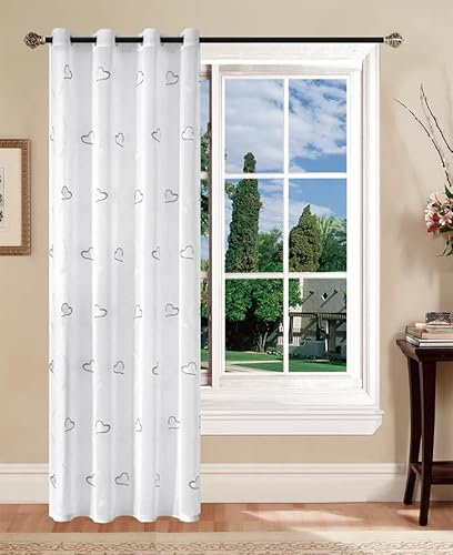 Tata Home Coppia Tendoni per Interni a Vetro Finestra Semitrasparenti Bianche Tende Camera Soggiorno Sala da Pranzo Fantasia Shabby Chic 140x290 cm con Cuori Grigi