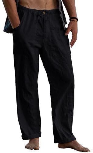 Runcati Leinenhose Herren Lang Freizeithose Leicht Sommerhose Strandhose Yoga Hosen mit Taschen Elastischer Bund Loose Fit Schwarz XXL