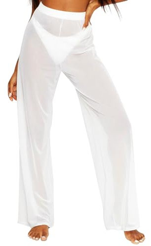 Lancry Durchsichtige Mesh-Hose mit weitem Bein für Damen, durchsichtige Baggy-Hose, Yoga-Hose, Badeanzug, Bikinihose, Strand-Überwurfhose (DE/NL/SE/PL, Alphanumerisch, M, Regular, Regular, Weiß)