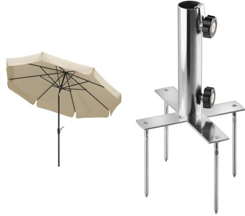 Schneider Sonnenschirm Orlando, natur, 270 cm rund, 783-02, Gestell Alu/Stahl, Bespannung Polyester, 5.7 kg & Rasen-Vierzack für Gartenschirme, 863-00, Stahl, klappbar, 1.9 kg