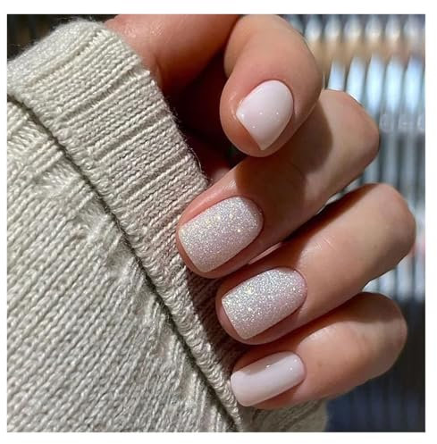 Press On Nails 24pcs Short Round False Nails French Blue Sparkling Pearl White Wavy Love Heart Full Cover Detachable Press On Nail Tips False Nails(Color27)