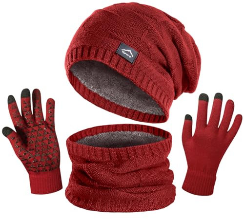KIRAAT Wintermütze, Schal und Touchscreen-Handschuhe Set für Herren und Damen. Slouchy Strick-Skikhut und Nackenwärmer mit Fleece-Futter für Unisex(Rot)