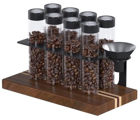 Pevfeciy 8 Tuben Kaffeebohnen Behälter, Walnuss Einzeldosis kaffeedose mit Ständer und Trichter, Espressobohnen-Aufbewahrung behälter, Einweg-Auslassventil, Kapazität 20-26 g,Schwarz,XL