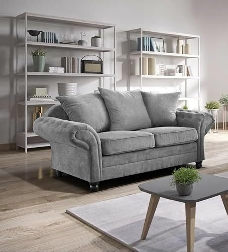 Rosemont Furniture - Nicole Chesterfield Corner Sofa 3 Seater 2 Seater Black Grey Cream Fabric Chenille (Grey, 2 Seater Scatterback)