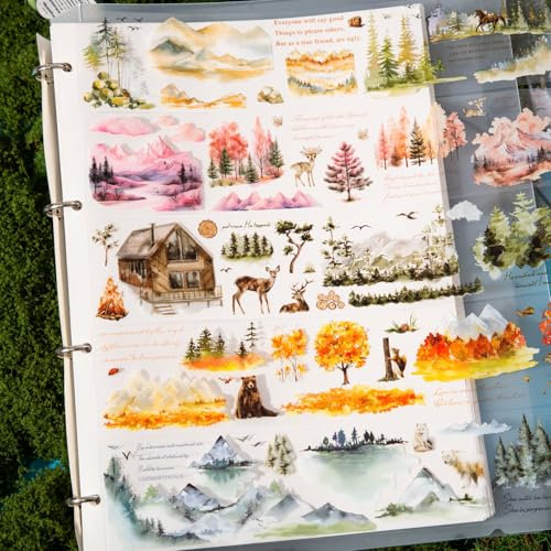 Arpaper Washi Tape Stickers,Bullet Journal Zubehör Sticker,6 Rolls PET Mountains Forest&Animals Aesthetic Scrapbooking Stickers Decorative for Journal Zubehör,Photo Album(Mountains Wilderness Series)