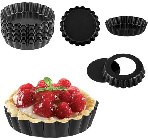 SOUJAP 20PCS 4 Inch Quiche Tins with Loose Base, 10cm Mini Individual Tart Flan Pan for Baking