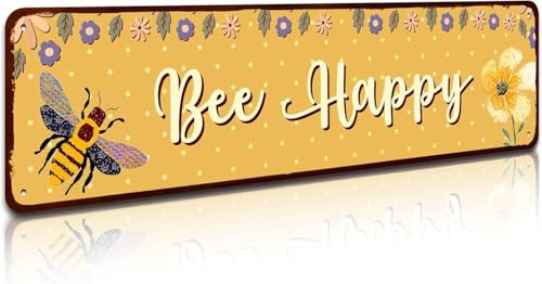 Bee Happy-Schild, Bienengartendekoration, Metall-Blechschilder, Bienen, Küche, Wanddekoration, für den Außenbereich, Bienenstock, Klassenzimmer-Dekoration, 10,2 x 40,6 cm