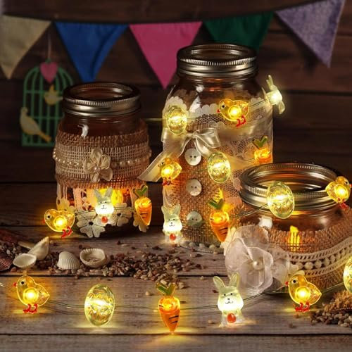LED Lichterkette Ostern, 4M 40 LED Ostern Lichter, Hase Karotte Küken Ostereier Led Osterbeleuchtung, Lichterkette Ostern Batterie Warmweiß, für Partys Tische Hochzeiten Oster Innen Außen Deko