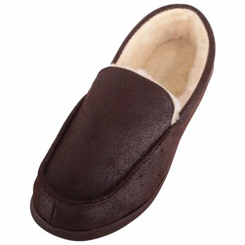 ABSOLUTE FOOTWEAR Mens Easy Slip On Faux Fur Moccasin Winter Slippers - Brown - UK 11 / EU 45