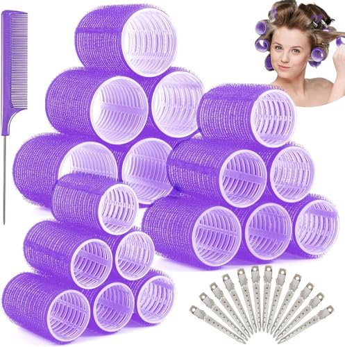Set di bigodini per capelli senza calore, grandi bigodini fai da te, autoadesivi con 24 clip per capelli (viola, 18)