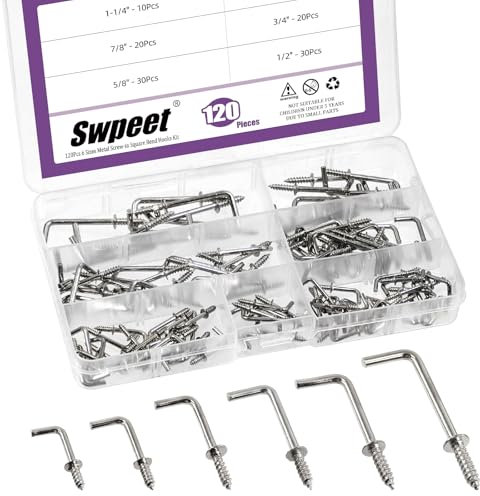 Swpeet 120pcs 6 Größen Silber Metall Schraub-in Quadrat Biegen Haken Kit, Quadrat Biegen Haken L geformte Selbstschrauben Haken L Typ Fotorahmen Rechtwinkel Haken für Zuhause/Arbeitsplatz