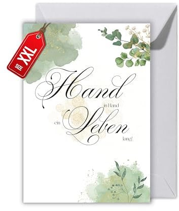 WBdesignz Eucalyptus Hochzeit Karte mit Umschlag - Hand in Hand ein Leben lang Verlobung Hochzeitskarte Hochzeitsjubiläum Glückwunsch zur Hochzeit (XXL DIN A4)