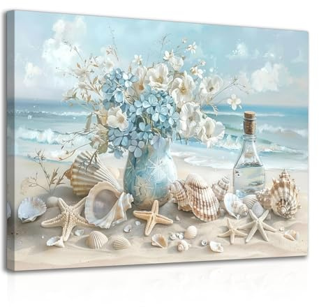 Dazzlewall Gerahmt Ozean Strand Leinwand Wandkunst, Seelandschaft Muscheln Seestern Küste Poster Druck für Badezimmer Wohnzimmer Schlafzimmer Dekor 12x16 zoll