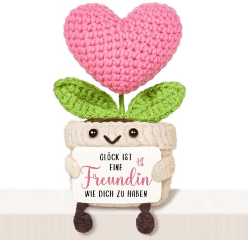 Giftasy Geschenke Freundin - Handgemachte gehäkelte Herzblume mit Energiekarte, Geschenk Freundin Geburtstag, Weihnachten Geburtstagsgeschenk