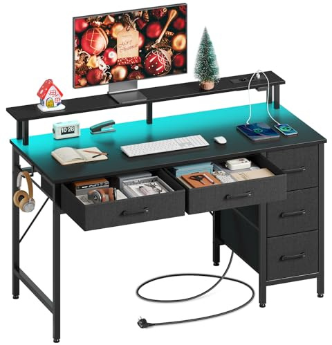 Rolanstar Schreibtisch mit 5 Schubladen, Computertisch mit Steckdosen, Gaming Tisch mit LED-Beleuchtung, Monitorständer, für Homeoffice, Schlafzimmer, Wohnzimmer, Büro (Schwarz, 120)