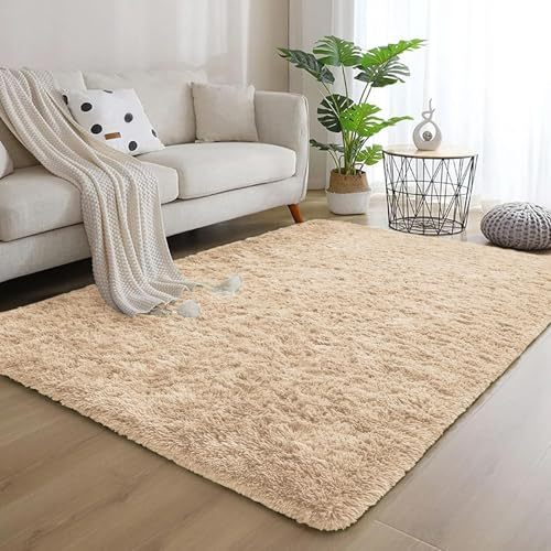 ANJIAJIE Teppich Flauschig 100 x 140 cm Flauschige Oberfläche, Pflegeleicht Und Robust Shaggy Hochflor Teppich für Schlafzimmer Küche Geeignet, Beige