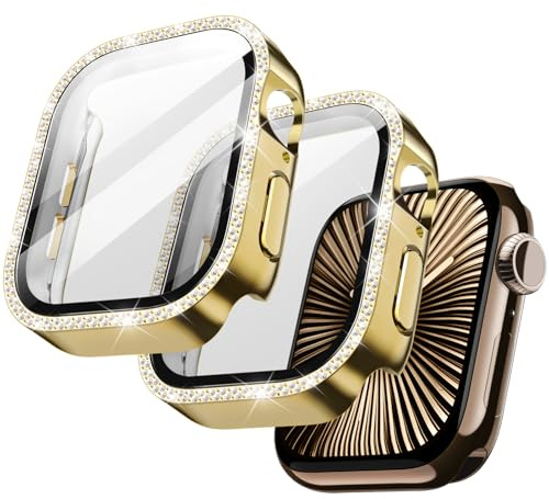 JETech Bling Diamond Hülle mit Schutzfolie für Apple Watch Series 11/10 46mm, Gesamt Schutzhülle, Eingebaut Gehärtete Glas Displayschutz Hohe Empfindlichkeit, 2 Stück (Gold)