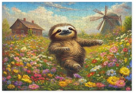 Spring Faultier Puzzles für Erwachsene 300 Teile, Landgarten Tier Holzpuzzles, lustige Blume Bauernhof Muster Dekor für Home Entertainment