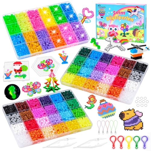 Homgaty 36 Farben Bügelperlen Set, Glitzer & Leuchtend im Dunkeln Bügelperlen, 5mm Steckperlen mit 2 Platten, Muster, 4 Bügelpapier, Anhänger und Zubehör, Kreatives Perlenset für Kinder
