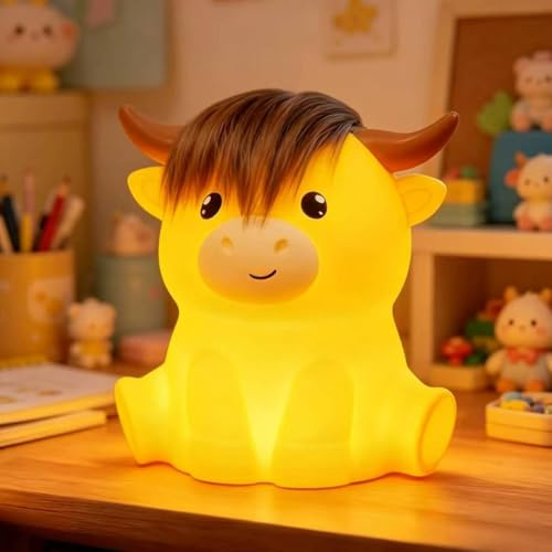 YGVQN Highland Cow LED Nachtlicht, Weiches Silikon Hochlandrind Lampe, Wiederaufladbar mit Touch-Steuerung & Timer, Nachttischlampe für Kinder Babyzimmer Schlafzimmer, Geschenk für Jungen und Mädchen