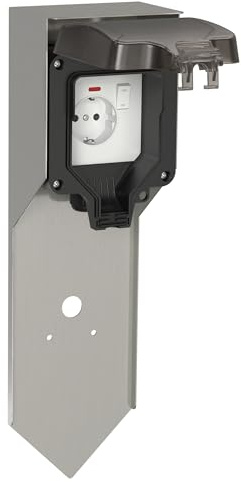 ledscom.de Garten Steckdosensäule POXO mit Erdspieß für außen, IP65, 1-fach, Edelstahl, edelstahl/schwarz, eckig, 40 cm