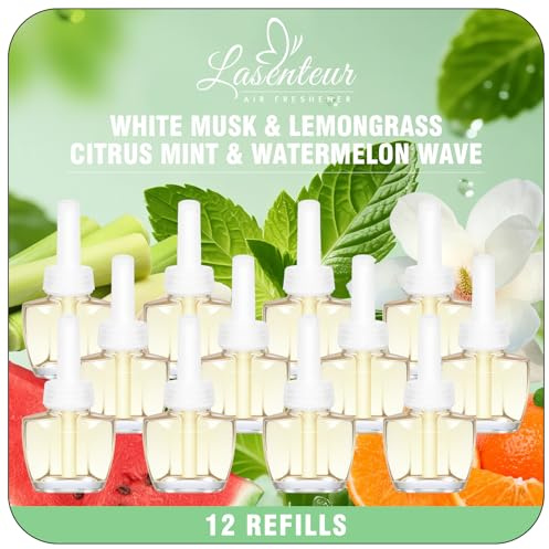 LASENTEUR Duftstecker Nachfüller 12 x 19ml, kompatibel mit Air Wick und Glade, Raumduft & Lufterfrischer für die Steckdose, Duftölflakon Nachfüller mit Moschus, Zitronengras, Zitrus, Wassermelone