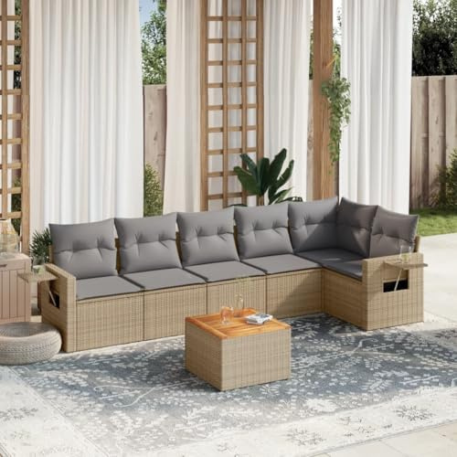 mtlskopl 7-teiliges Garten-Sofagarnitur Beige PE-Rattan Ecksofa & Mittelsofa 62 x 62 x 69 cm wetterfest mit Akazienholztisch für Terrasse Balkon und Wintergarten