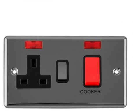 Black Nickel 45A Cooker Control Unit with 13A Socket & Neon Indicator | 2 Gang Double Pole Switch | Heavy Duty Kitchen Appliance Isolator | Screwed Faceplate Wall Fitting (1)