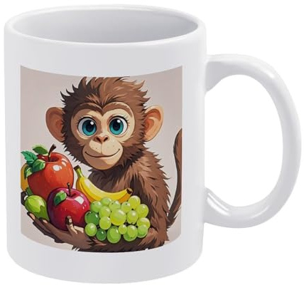 FekiLoot Monkey Holding Fruit Mug 12oz Fashion White Ceramic Mugs Large Capacity Coffee Cup with Handles Funny Coffee Mug Exquisite Personalized Tea Cup for Hot Cocoa Milk Home Office