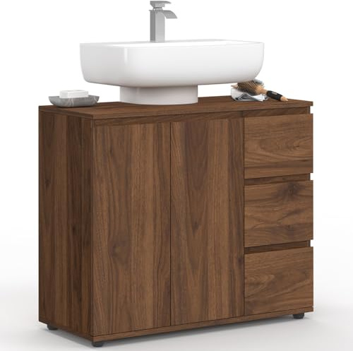 IDMarket - Mueble de baño bajo lavabo TOMI con armario y 3 cajones con efecto madera de nogal