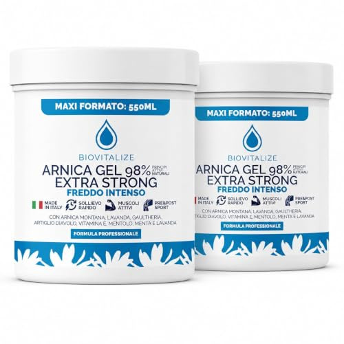 BIOVITALIZE Arnica Gel 98% Extra Forte Effetto Freddo 550ml X2, Crema Massaggio Muscolare e Articolare con Artiglio del Diavolo e Mentolo - Formato Convenienza