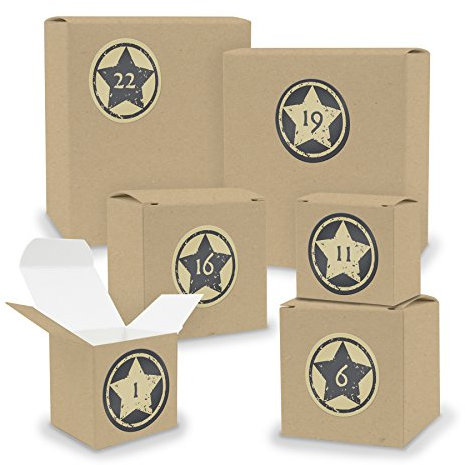 DIY itenga Adventskalender Set V02 zum Selberbefüllen 24 Schachteln Quader und Würfel gemischt BRAUN Kraftkarton + ZahlenSticker (Motiv Z21 Vintage Sterne/Grau Beige)