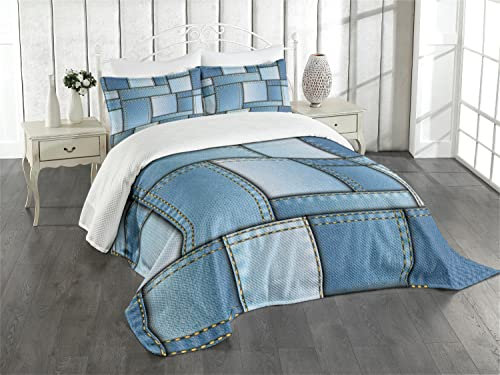 ABAKUHAUS Land Tagesdecke Set, Denim Patchwork-Muster, Set mit Kissenbezug Maschienenwaschbar, für Einzelbetten 170 x 220 cm, Blass Azur Blau
