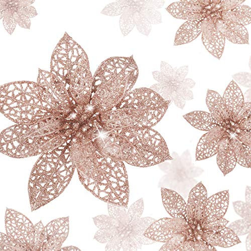 WILLBOND 36 Pieces Poinsettia Flowers Christmas Sequins Artificial Flowers Wedding Sequins Ornaments New Year Christmas Tree (Rose Gold)