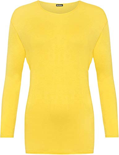 GirlzWalk Women's Plain Long Sleeve T-Shirt Basic Casual Plain Stretch Top Plus Size (Yellow, SM = UK 8-10)