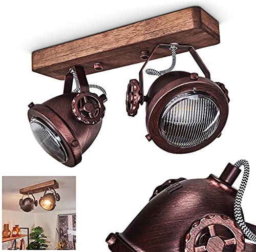 Lámpara de techo Herford, lámpara de habitación de 2 luces en metal y madera en marrón y óxido con pantalla de cristal, el foco es giratorio e inclinable, 2 x GU10, sin bombilla(s)