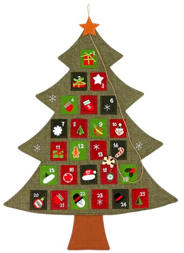 HEMOTON Filz Weihnachtsbaum DIY Weihnachtsbaum Adventskalender mit Taschen und 25pcs Ornamente - für DIY Weihnachtsdekoration, Tür Wand hängende Dekorationen